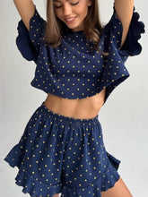 D'Journé Fashion polka dot crop top and ruffled shorts lounge set in blue, front view