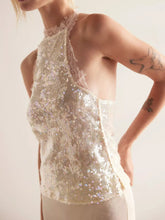 D'Journé Fashion sequin lace trim halter neck cami in white, model front view