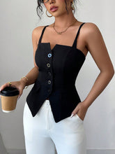Button-Front Fitted Cami by D'Journé Fashion, model wearing black cami front view