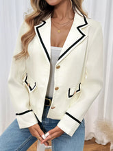 D'Journé Fashion beige contrast trim button-up blazer, model front view