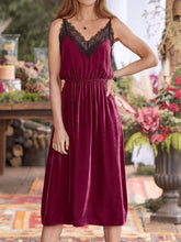 Velvet cami lounge dress lace trim hem detail close-up
