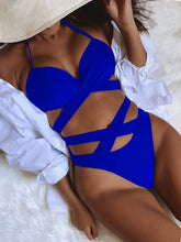 Crisscross halter neck bikini set with ruched fit, front view, D'Journé Fashion