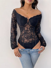 Off-Shoulder Lace Bodysuit by D'Journé Fashion, model wearing black lace bodysuit front view