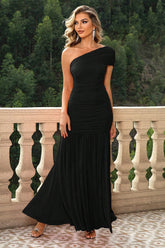 D'Journé Fashion black one-shoulder ruched maxi dress, model front view