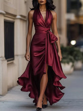 D'Journé Fashion High-Low Ruffled Satin Maxi Dress Plus Size in Wine Red, elegant front view