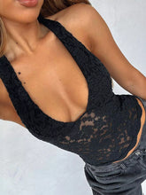 D'Journé Fashion black lace halter neck tank, model front view