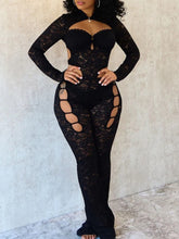Black lace hollow-out long sleeve jumpsuit from D'Journé Fashion, front view