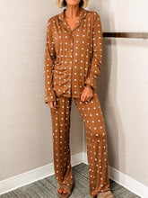 D'Journé Fashion caramel polka dot button-down top and wide-leg pants lounge set, front view
