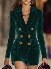 D'Journé Fashion green velvet double-breasted blazer dress, model front view