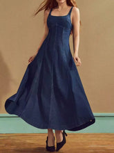 Blue A-line denim dress back view, square neckline detail