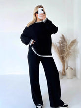 Contrast Trim Sweater Top and Pants Set by D'Journé Fashion, model wearing black lounge set front view