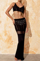 Openwork scoop neck spaghetti strap swimsuit cover-up set, front view, D'Journé Fashion