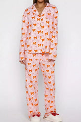 D'Journé Fashion bow print button-front top and wide-leg pants lounge set in blush pink