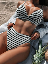 D'Journé Fashion striped V-neck two-piece swim set in Black, front view