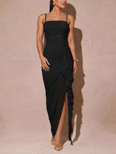 Black slit asymmetrical hem spaghetti strap maxi dress from D'Journé Fashion, front view