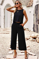 True Buttoned Round Neck Tank and Wide Leg Pants Set