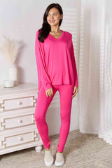 Lush Bae Full Size V-Neck Soft Rayon Long Sleeve Top and Pants Lounge Set