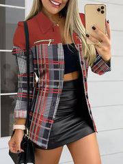 Model wearing black printed zip detail jacket, back view