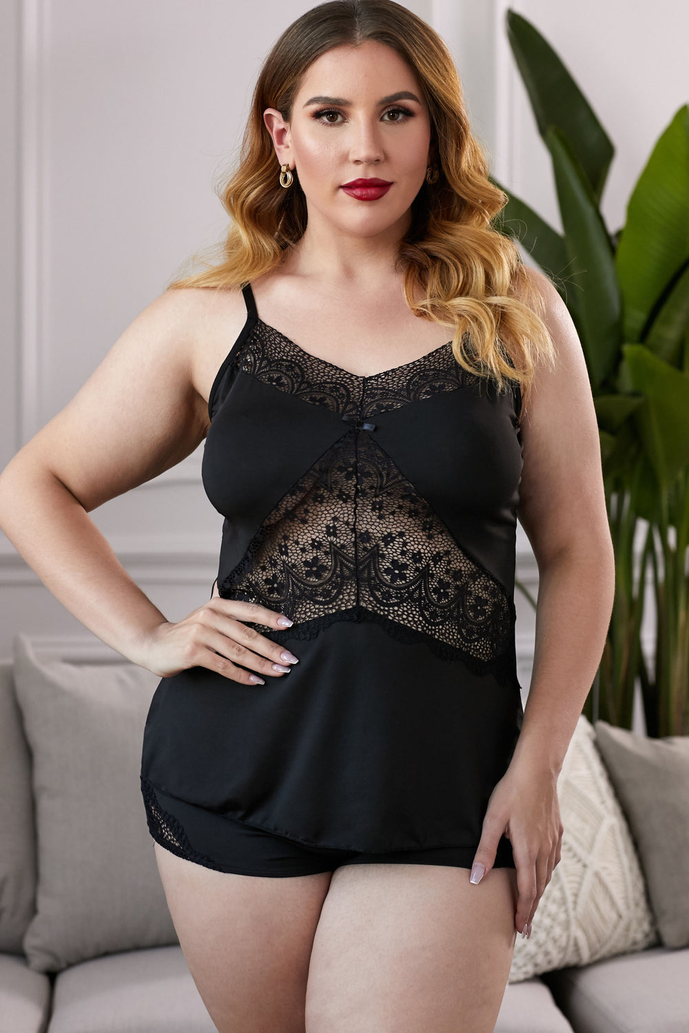 D'Journé Fashion lace insert plus size pajama set in black, model front view