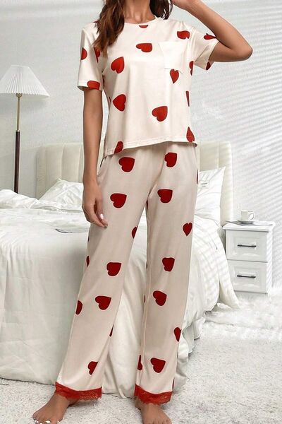 D'Journé Fashion Love heart print lounge set with pocketed top and drawstring pants in white, front view