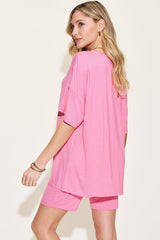 Lush Bae Full Size V-Neck Drop Shoulder Short Sleeve T-Shirt and Shorts Set