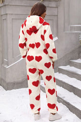 Fuzzy Heart Zip Up Hooded Lounge Onesie