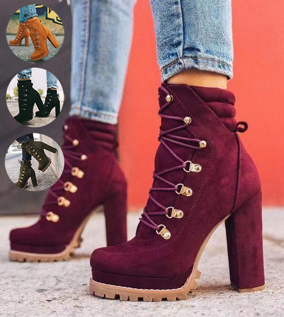 Heeled Boots For Women Round Toe Lace UP High Heels Boots Mid Calf Shoes D'Journè Fashion