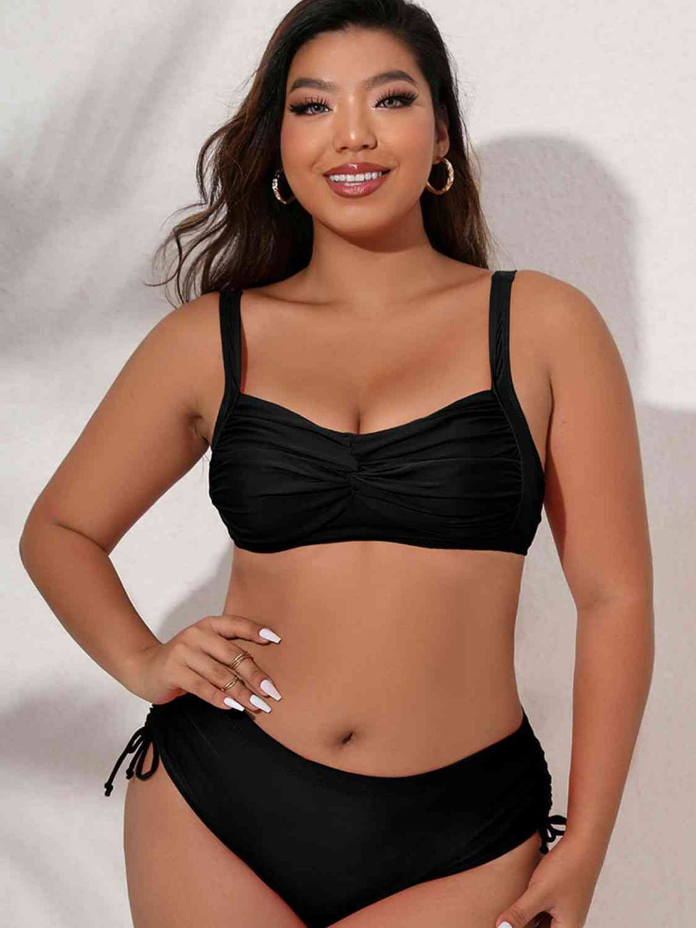 Plus size twist front tied bikini set from D'Journé Fashion, model wearing, front view