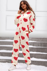 Fuzzy Heart Zip Up Hooded Lounge Onesie