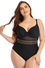 Plus Size Spliced Mesh Tie-Back One-Piece Swimsuit D'Journè Fashion