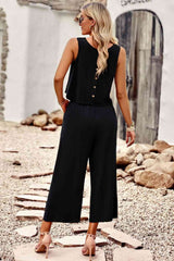 True Buttoned Round Neck Tank and Wide Leg Pants Set