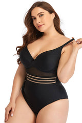 Plus Size Spliced Mesh Tie-Back One-Piece Swimsuit D'Journè Fashion