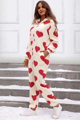 Fuzzy Heart Zip Up Hooded Lounge Onesie