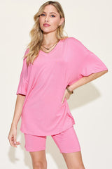 Lush Bae Full Size V-Neck Drop Shoulder Short Sleeve T-Shirt and Shorts Set