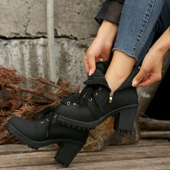 Leather Round Toe Block Heel Boots
