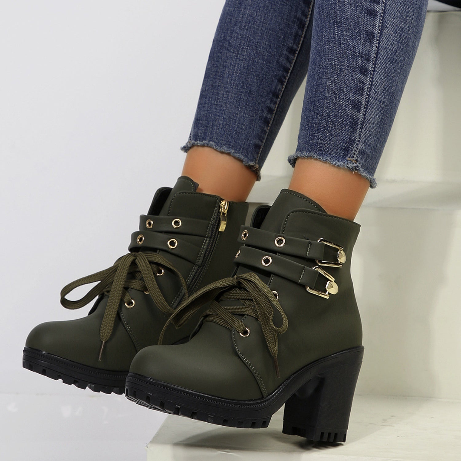 Leather Round Toe Block Heel Boots