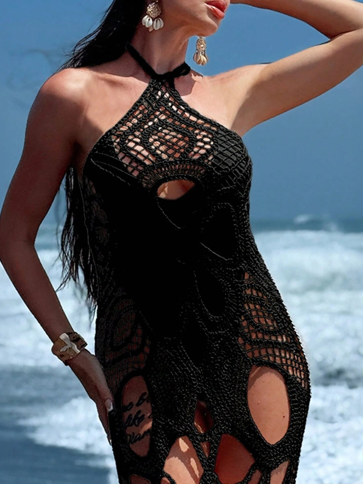 Apricot cutout halter cover-up dress, front view