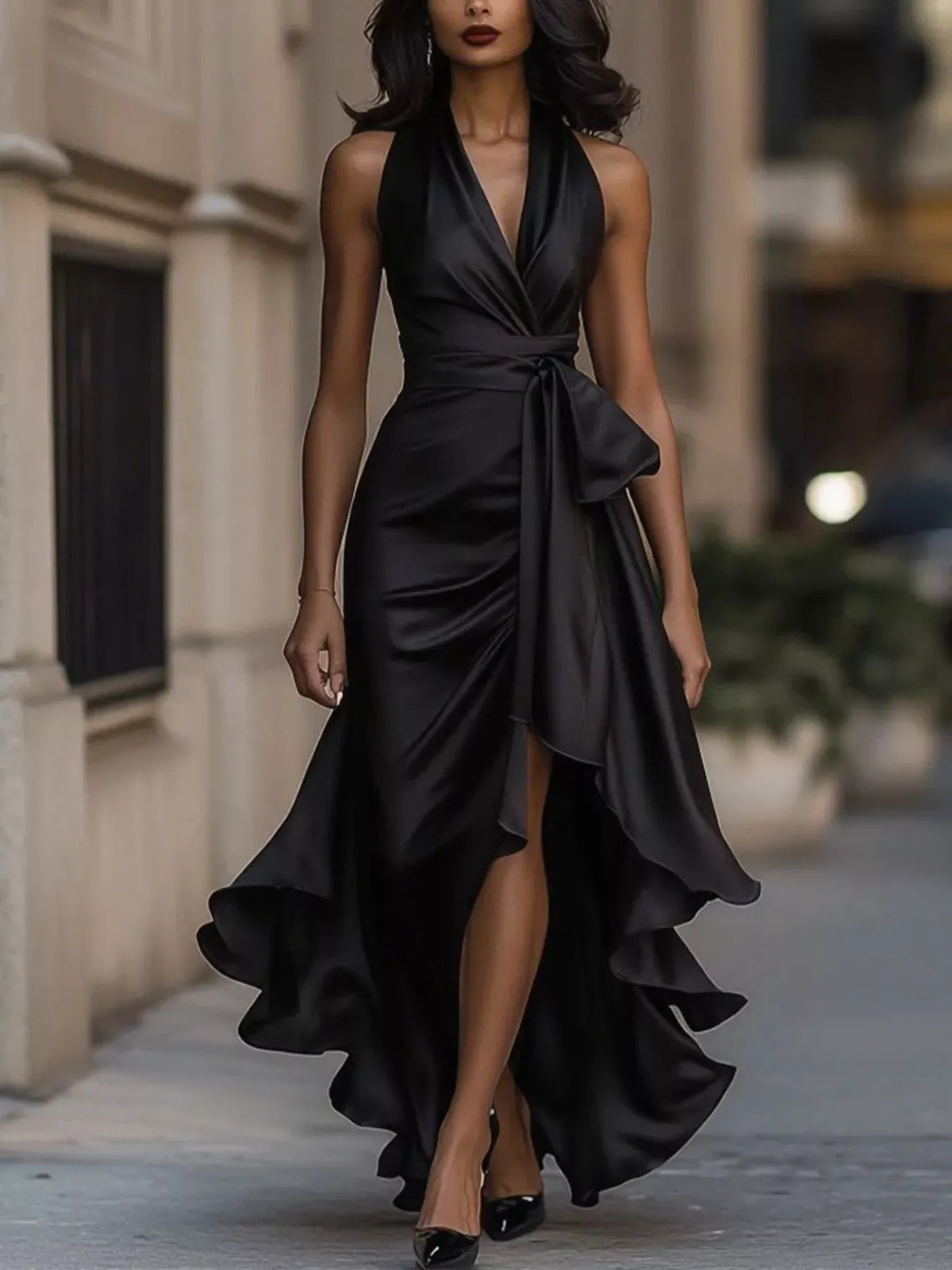 High-Low Maxi Dress Navy Blue full-length formal model shot
