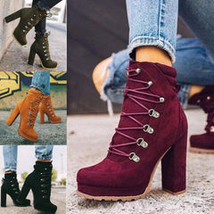 Heeled Boots For Women Round Toe Lace UP High Heels Boots Mid Calf Shoes D'Journè Fashion