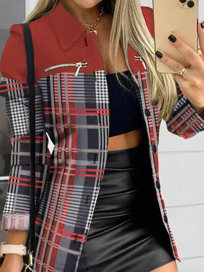 Deep red printed button up zip detail jacket, front view on model