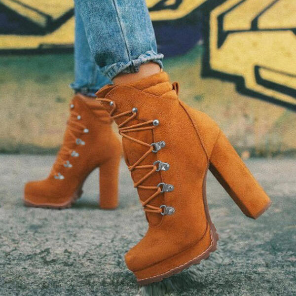 Heeled Boots For Women Round Toe Lace UP High Heels Boots Mid Calf Shoes D'Journè Fashion