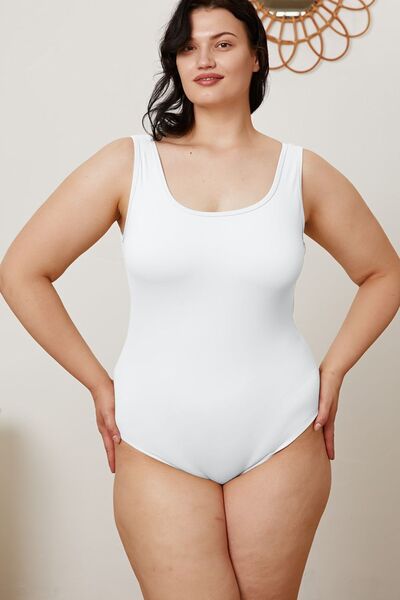 Basic Bae square neck sleeveless bodysuit in white, model front view