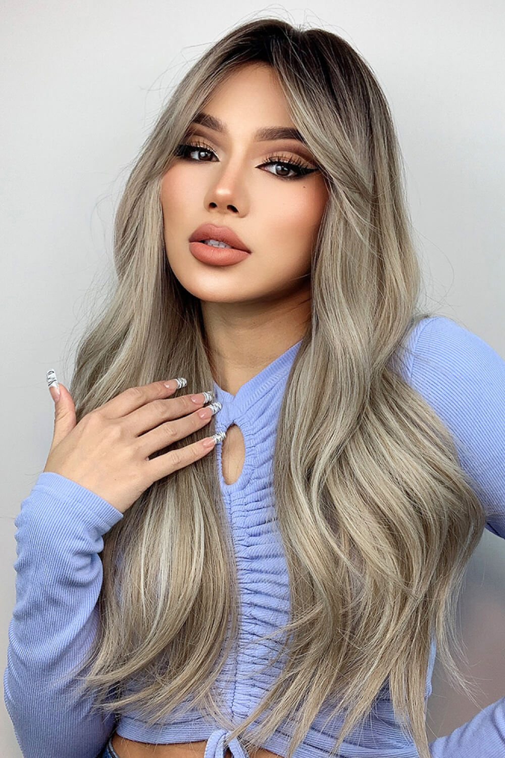 26 inch long wave wig back view showing balayage color melt