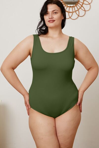 Model wearing Basic Bae square neck bodysuit, full length view