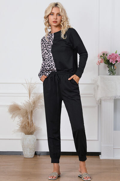 Leopard top and drawstring pants set, model back view