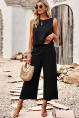 True Buttoned Round Neck Tank and Wide Leg Pants Set