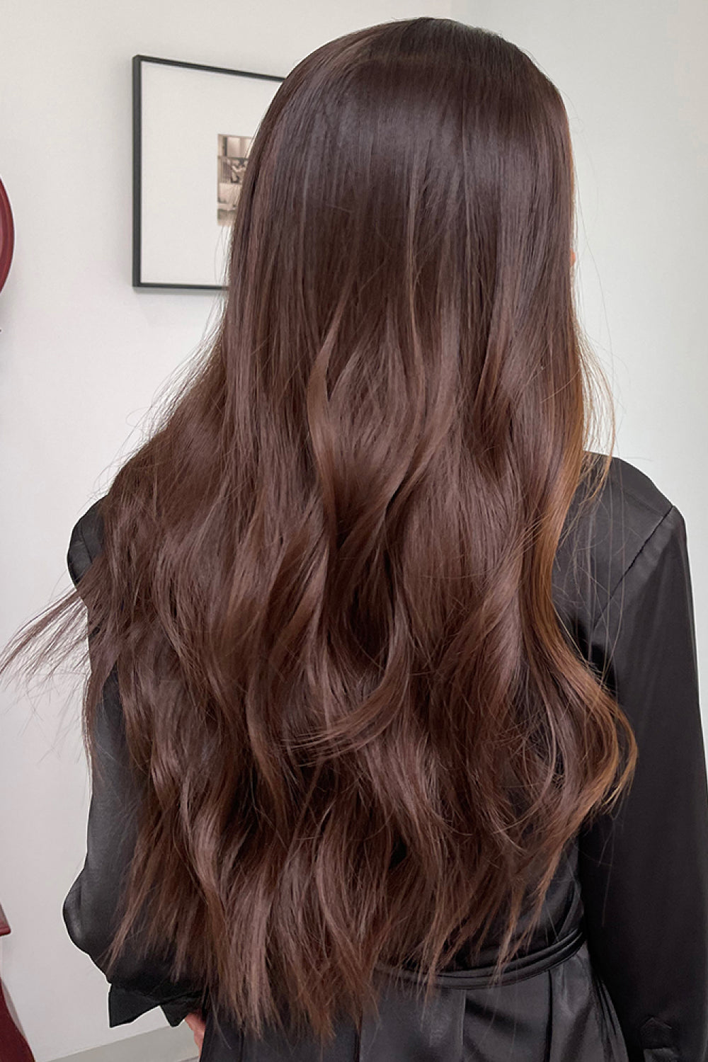 Coffee brown wavy wig 26 inch side view
