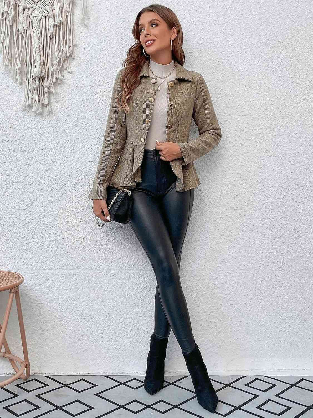 Tan collared blazer, back view showing ruffled hem detail