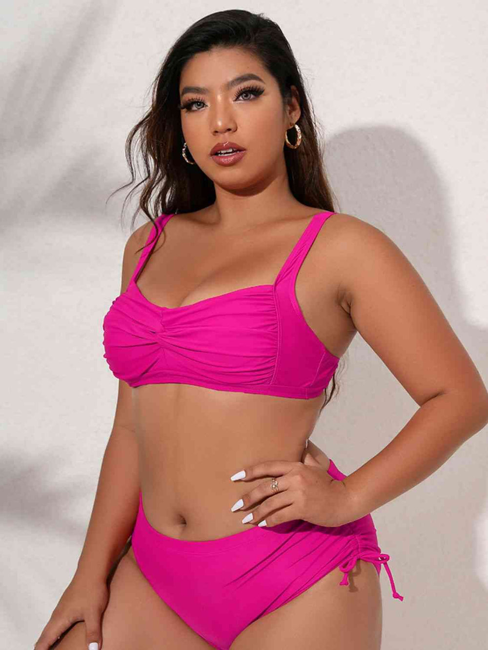 Navy plus size twist front bikini set, front view on model