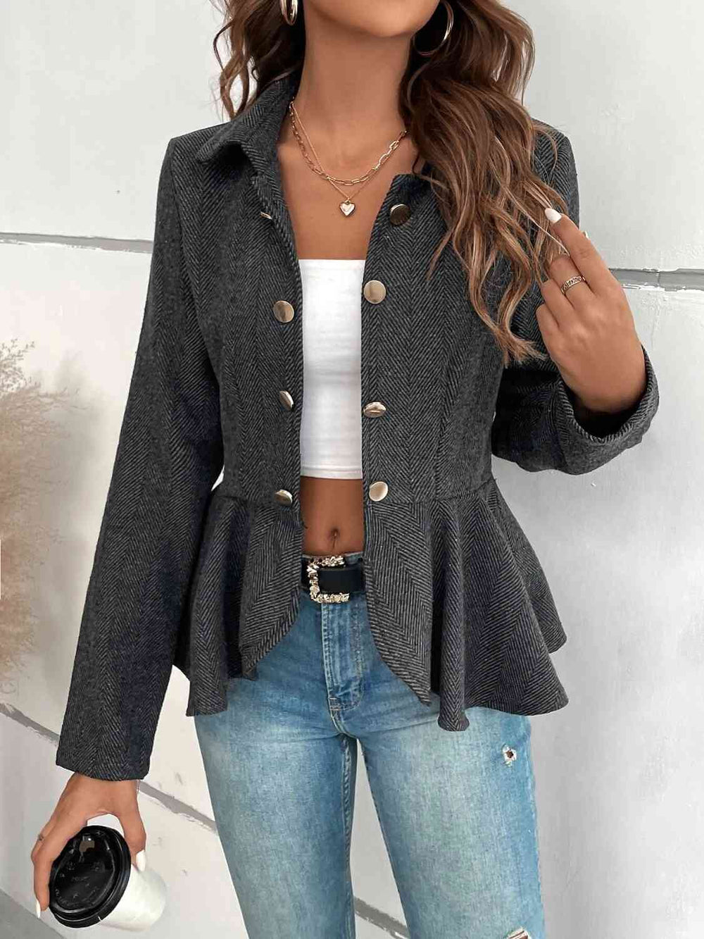 Heather gray collared blazer, back view showing ruffle hem